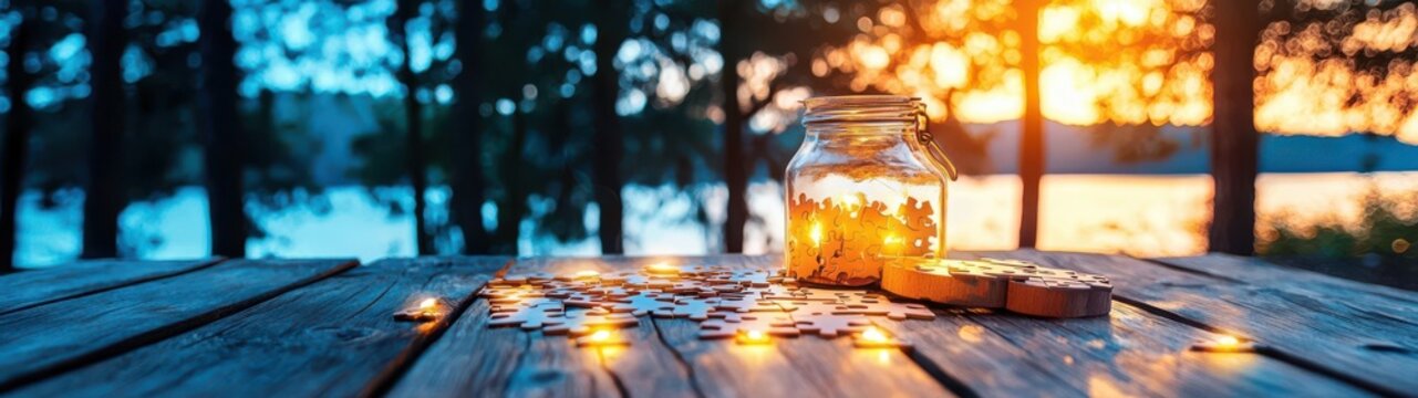 Cozy ambiance with glowing jar on wooden table at sunset in nature.