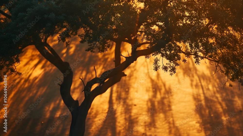 Poster the shadow of a tree moving slowly with the setting sun ai generated illustration