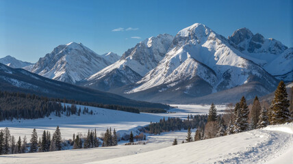 Fototapeta premium Snowy mountains in winter under clear blue sky