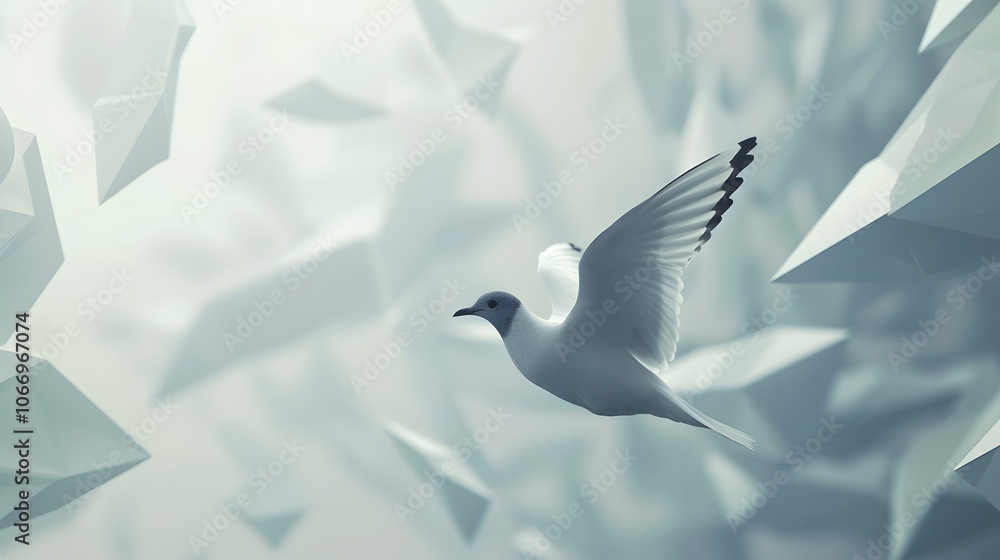 Poster the slowmotion flight of a stylized bird in a geometric and simplistic setting ai generated illustra