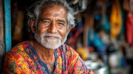Fototapeta premium Senior man smiles at camera in vibrant attire
