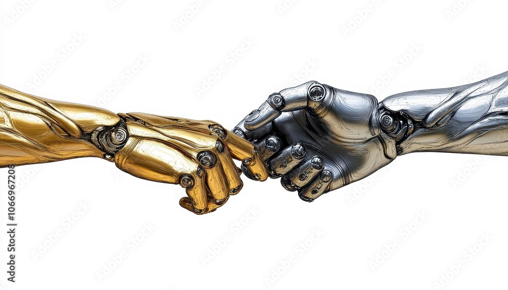 Aufkleber two futuristic robotic hands reaching out to connect in a symbolic gesture of unity