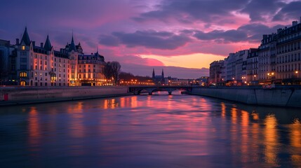 Fototapeta premium The warm glow of a citys night lights reflected on a pastel river AI generated illustration