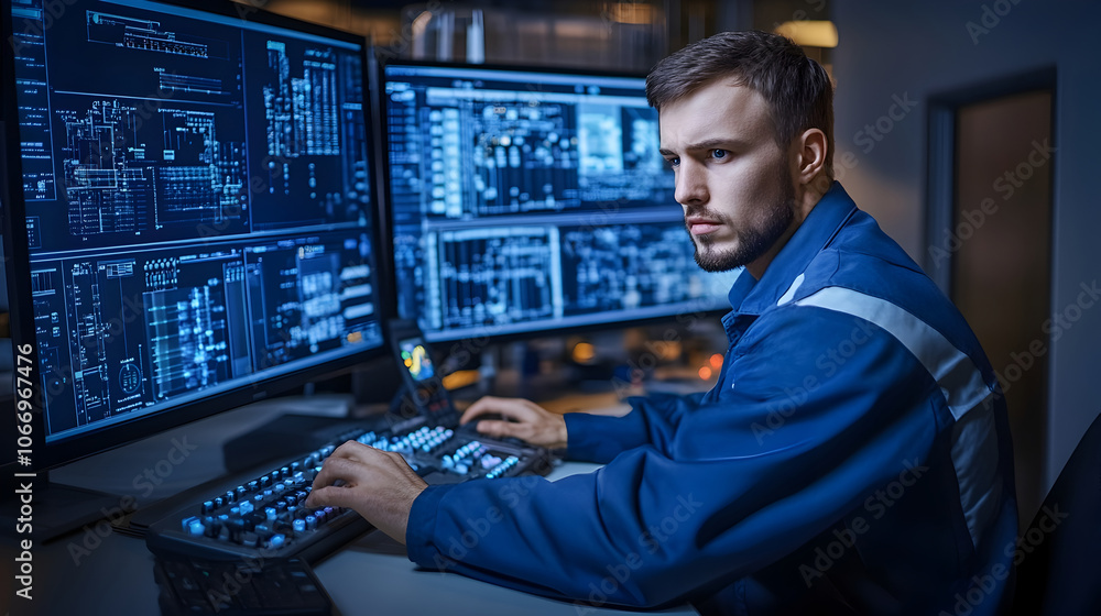 Aufkleber focused engineer monitoring high-tech data displays in modern control room