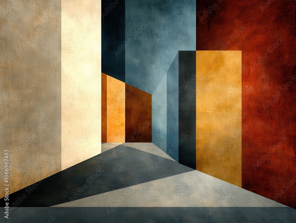 Poster abstract geometric landscape with varying colored blocks and shadows, creating a harmonious yet comp