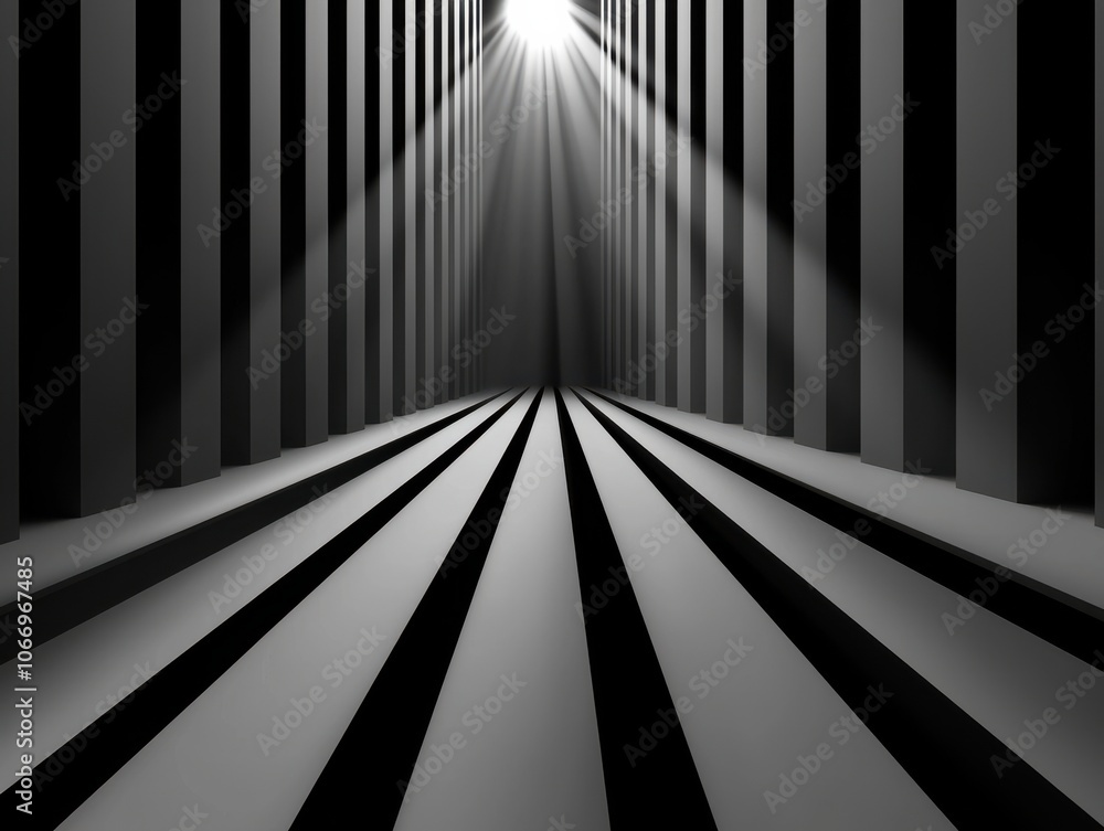 Poster a monochromatic scene featuring vertical lines casting shadows, converging towards a bright light so