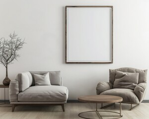 A minimalist living room with a grey sofa. an armchair. a coffee table. a plant. and a large blank frame on the wall
