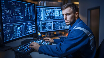 Focused Engineer Monitoring High-Tech Data Displays in Modern Control Room