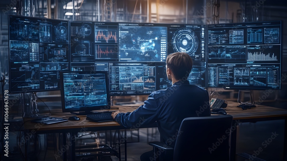 Poster engineer interacts with futuristic holographic data charts in control room