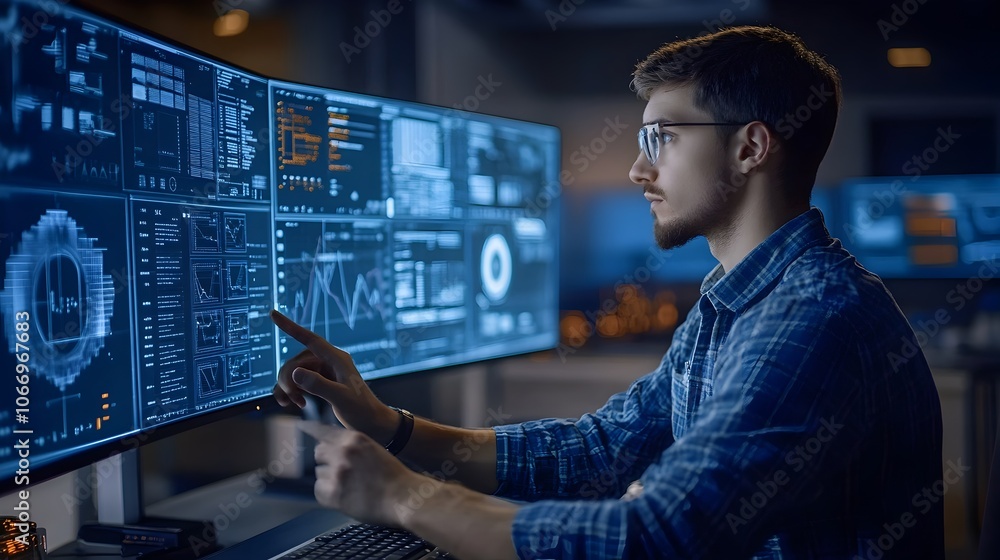 Aufkleber engineer interacting with holographic data visualizations in futuristic control room
