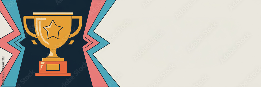 Fototapete golden trophy with a star on a red pedestal set against a symmetrical geometric pattern in blue and 