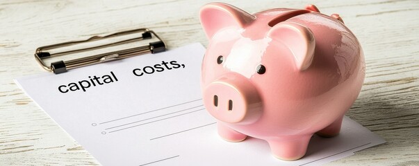 A pink piggy bank sits next to a paper with "capital costs" written on it, symbolizing savings and financial planning.