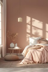 Warm bedroom scene using minimal design and pastel colors AI generated illustration