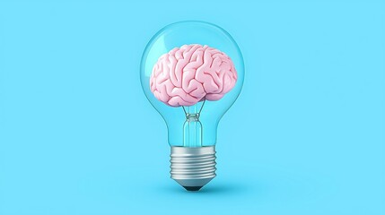 Pink brain glowing inside light bulb on blue background, creative idea concept