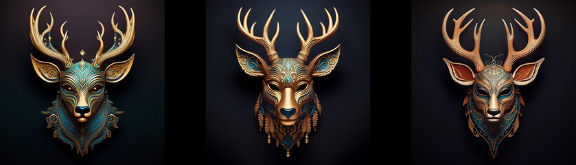 Three intricately crafted deer masks are isolated against a black background.