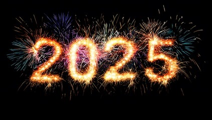 2025 Written with Sparklers Against a Background of Fireworks