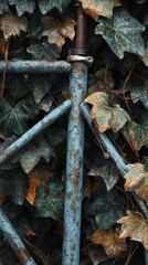 Rusty bicycle frame covered in ivy leaves