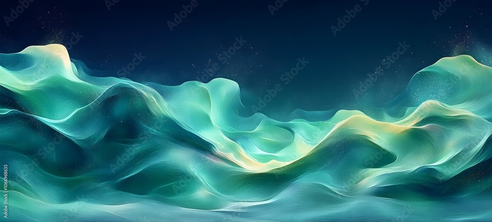 Poster a mesmerizing abstract depiction of flowing waves in shades of teal and blue, creating a dreamy ocea