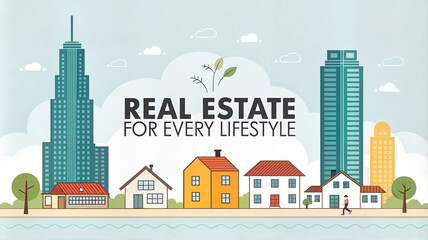 Fototapeta premium Real estate banner with various homes and skyscrapers