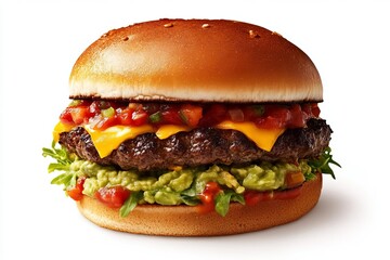 A Southwestern burger with guacamole, pepper jack cheese, and salsa, set against a white background, bold and flavorful