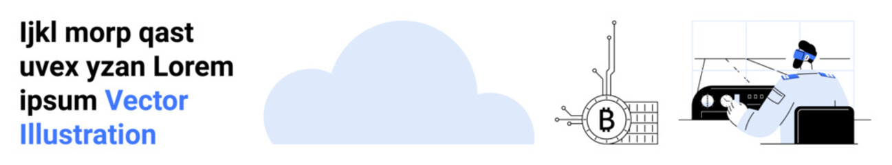 Cloud with data security icons, circuit board with a B symbol, and engineer at workstation. Ideal for technology, cybersecurity, cloud services, IT infrastructure, data management, engineering