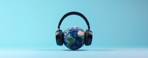 Wireless headphones listening to planet earth on blue background