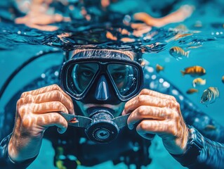 Close-up of a scuba diver adjusting their mask in clear blue water surrounded by fish, highlighting underwater adventure and exploration.