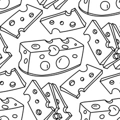 pattern of doodle maasdam cheese into pieces of various shapes and groups. Vector illustration. Porous masdam in contour design. Seamless texture for cafe and store menus. various cutting options
