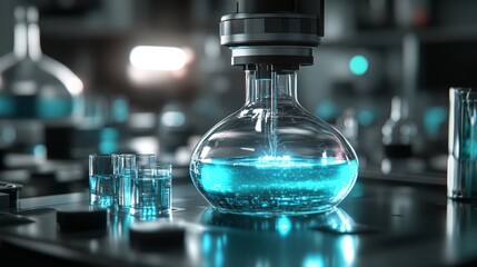 Modern Lab Equipment Science Experiment Research Chemistry Flask Beaker Blue Liquid Technology