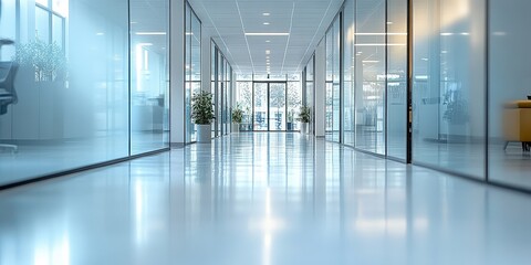 Modern Office Hallway with Glass Walls and Plants