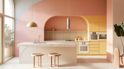 Warm pastel minimalist kitchen layout AI generated illustration