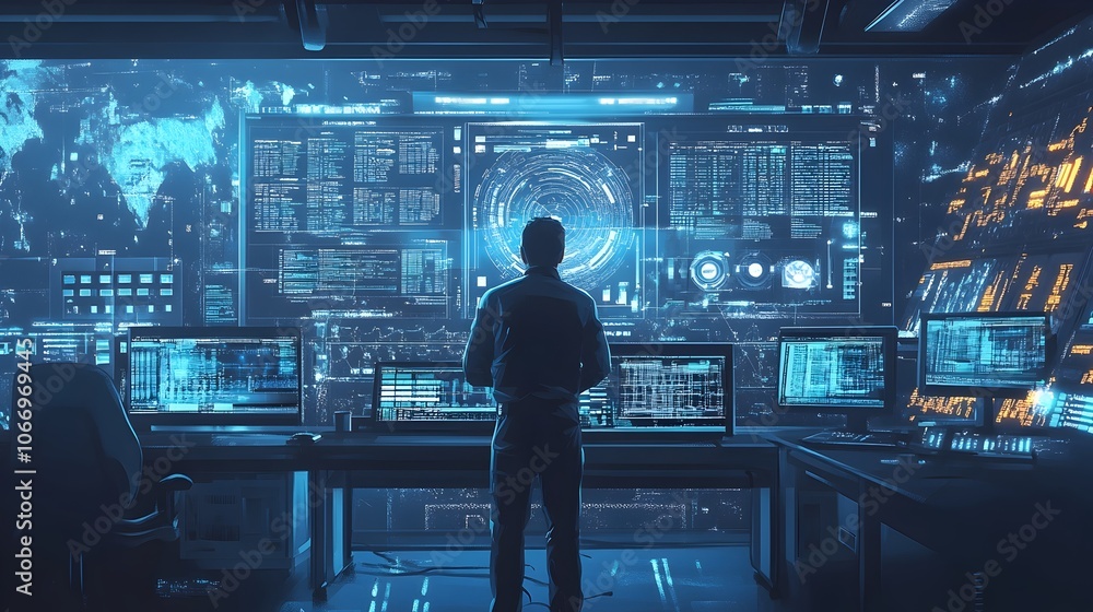 Poster engineer observing digital dashboard in futuristic tech-focused control center