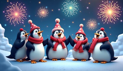 Fototapeta premium A family of cheerful penguins celebrate the New Year with fireworks in a winter night scene