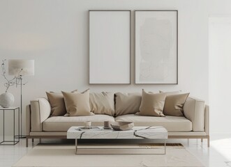Two blank picture frames above a beige sofa with yellow pillows and a coffee table in a minimalist living room