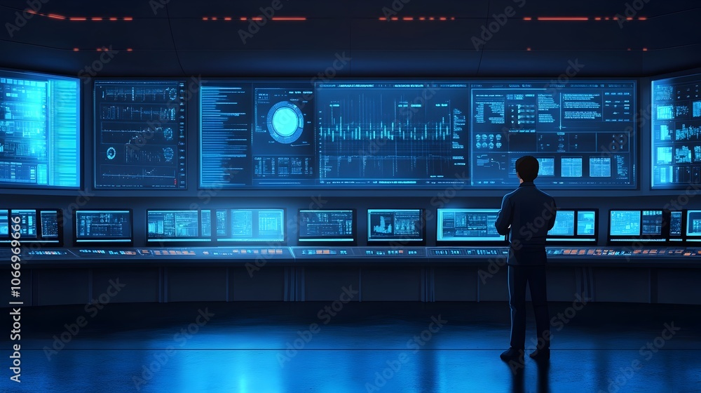 Poster futuristic control room with engineer analyzing critical data insights on wall of monitors