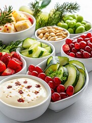 Colorful array of fresh fruits, vegetables, and nuts in bowls, topped with a creamy dip on a white background.