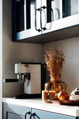 Modern kitchen corner with espresso machine, vase of dried flowers, and pumpkins. Contemporary...