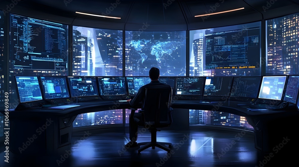 Poster engineer monitoring futuristic 3d data on curved screens in high-tech control room