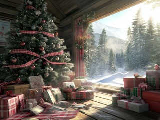 Christmas tree adorned with traditional American decorations plaid ribbons