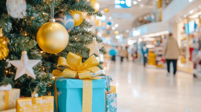 Christmas tree decorated with oversized ornaments American department store