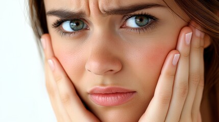 Fototapeta premium Woman with Facial Pain Touching Cheek Worried Expression Closeup