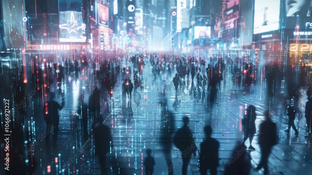 Poster people walking in a futuristic times square with digital rain and augmented reality highlighting con