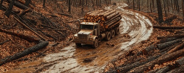 Fototapeta premium Logging truck carrying wood on muddy forest road
