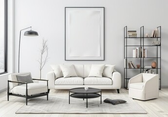 A modern living room with a large blank canvas on the wall. white sofas. a round coffee table and a bookshelf