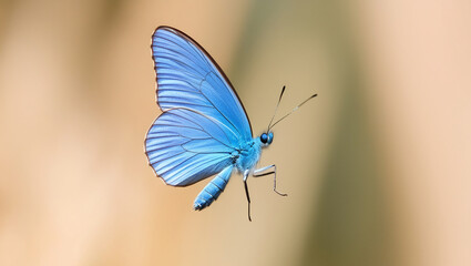 Close-up photo of a flying blue butterfly