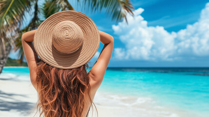 Młoda kobieta na plaży, która emanuje pewnością siebie i stylem typowym dla influencerów społecznościowych.