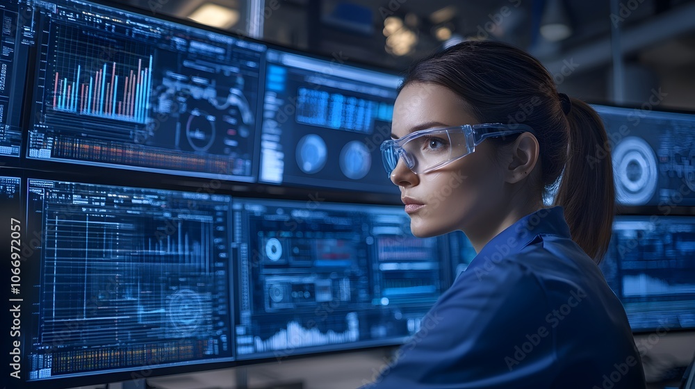 Poster close-up of engineer's face reflecting data graphs on high-tech control room screens