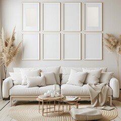 Minimalist living room with a white couch. a round coffee table. and six empty picture frames on the wall