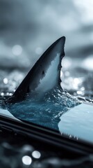Fototapeta premium Shark fin emerging from smartphone screen in water, creating surreal scene