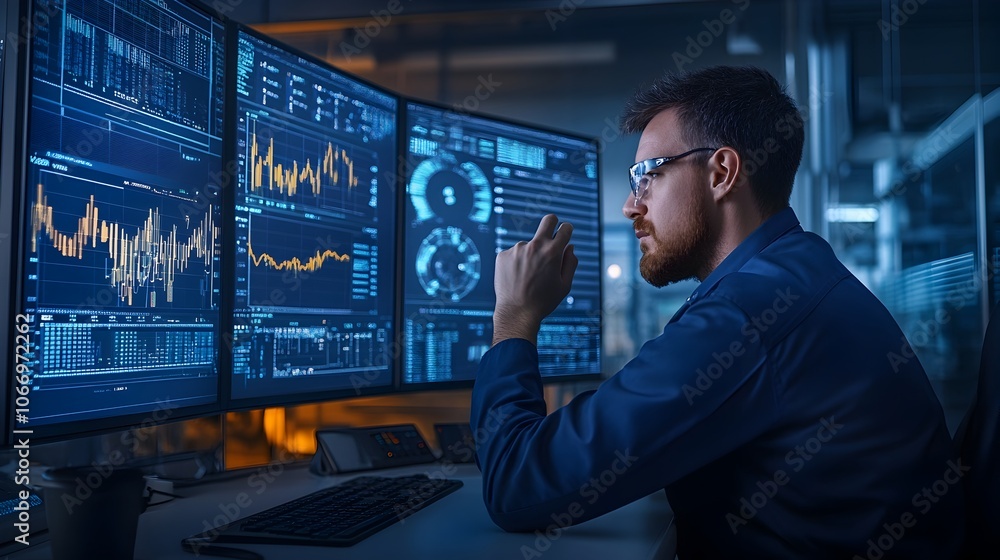 Aufkleber engineer analyzing complex data visualizations on futuristic control room screens